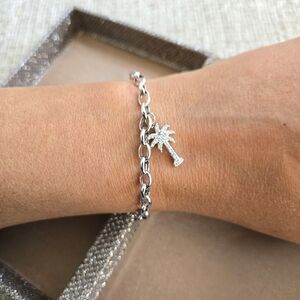 14k White Gold Pavé Diamond Palm Tree Charm Bracelet